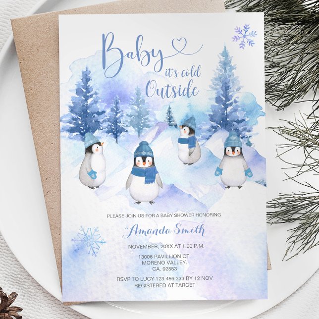 Winter Blue Hat Penguin Snowflakes Baby Dusche Einladung (Von Creator hochgeladen)