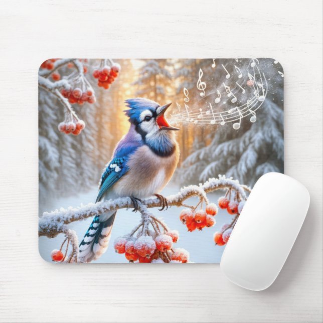 Winter Blue Jay singen auf Berry Tree Mousepad (Mit Mouse)