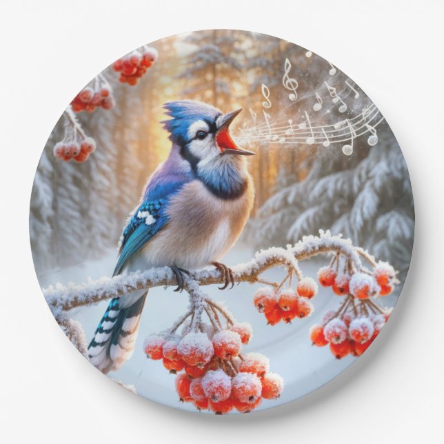 Winter Blue Jay Singing auf einem Roten Berry Tree Pappteller (Vorderseite)