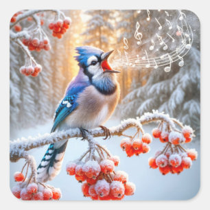 Winter Blue Jay Singing auf einem Roten Berry Tree Quadratischer Aufkleber