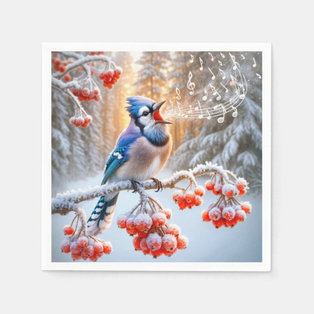 Winter Blue Jay Singing auf einem Roten Berry Tree Serviette (Vorderseite)