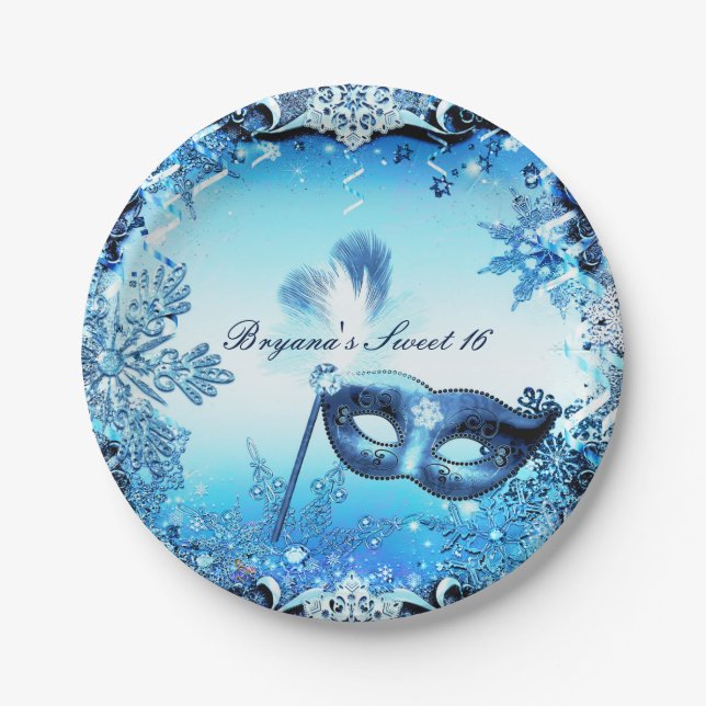 Winter Blue Masquerade Maske & Schneeflocken Elega Pappteller (Vorderseite)