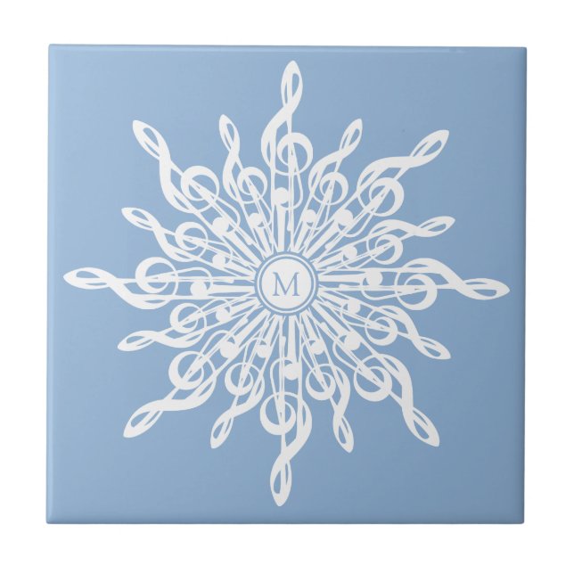 Winter Blue Ornamental Monogram G-Clef Snowflake Fliese (Vorderseite)