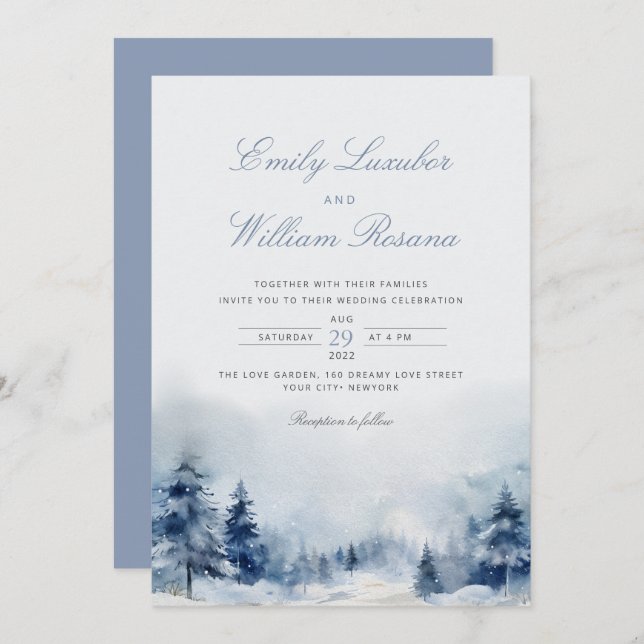 Winter Blue Pine Snow Mountains Hochzeit Einladung (Vorne/Hinten)