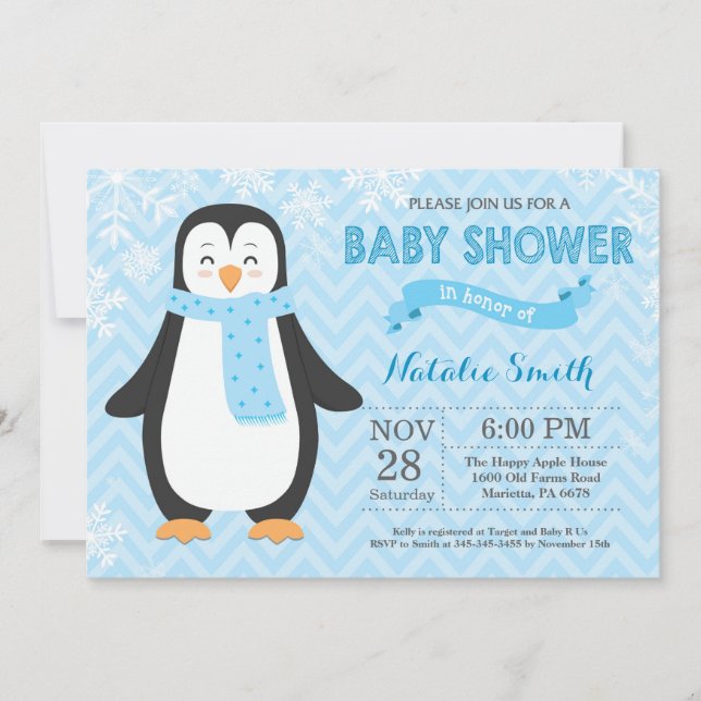 Winter Blue Pinguin Boy Baby Dusche Einladung (Vorderseite)