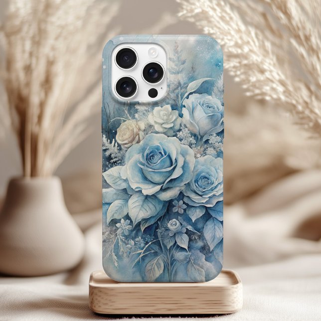 Winter Blue Roses - Elegant Ice Floral  iPhone Hülle (Winter Blue Roses - Elegant Ice Floral iPhone Case on a neutral boho table)