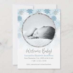 Winter Blue & Silver Snowflake Baby Birth Ankündig Ankündigung
