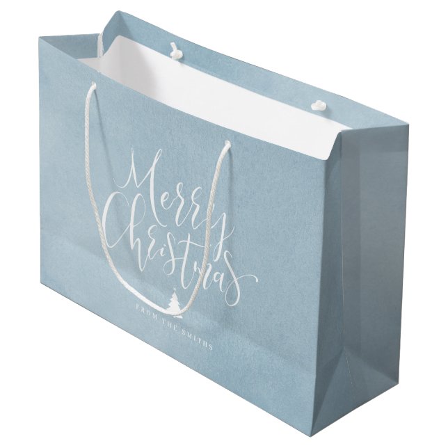 Winter Blue Simple Calligraphy Frohe Weihnachten Große Geschenktüte (Vorderseite Schrägansicht)