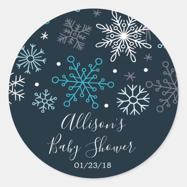 Winter Blue Snowflakes Baby Showaufkleber Runder Aufkleber (Vorderseite)