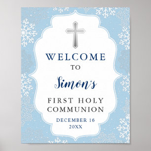 Winter Blue Snowflakes Boy Erste Heilige Kommune Poster