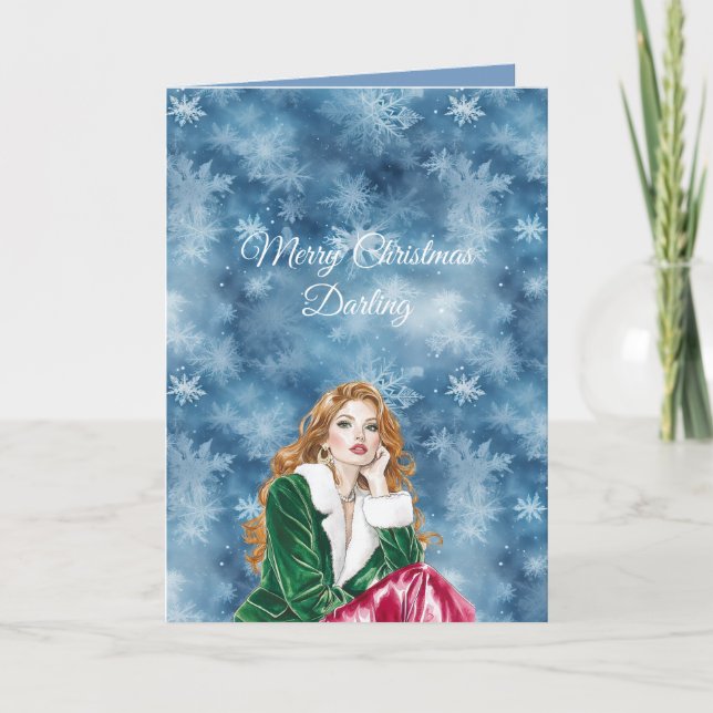 Winter Blue Snowflakes Christmas Red Head Girl Karte (Vorderseite)