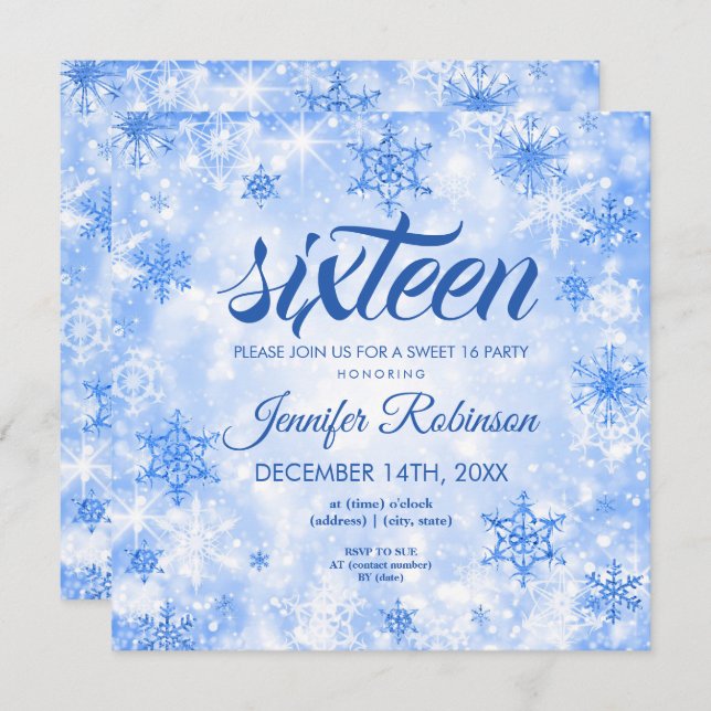 Winter Blue Sweet 16 Glitzer Sparkle Einladung (Vorne/Hinten)