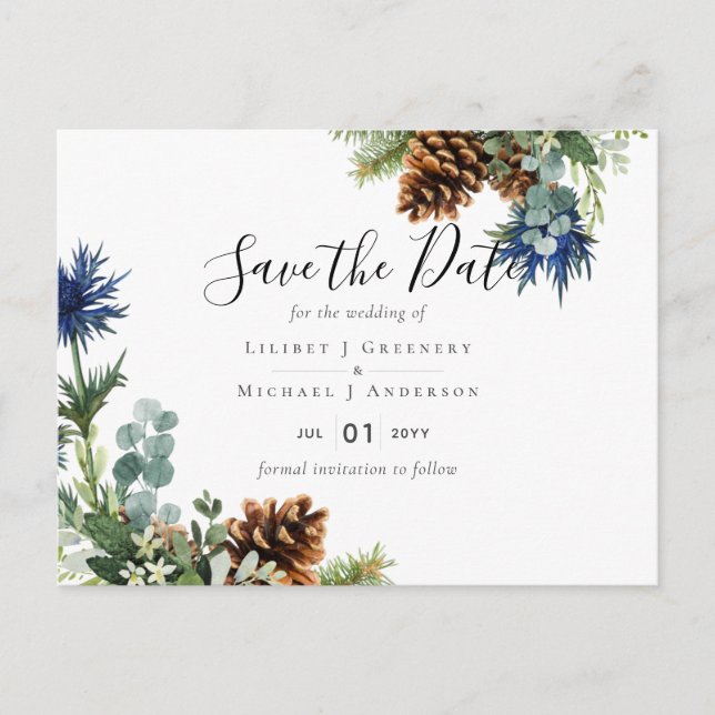 Winter Blue Thistle Eucalyptus Wedding Wonderland Postkarte (Vorderseite)