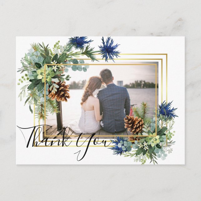 Winter Blue Thistle Eucalyptus Wedding Wonderland Postkarte (Vorderseite)