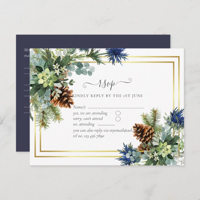 Winter Blue Thistle Eucalyptus Wedding Wonderland Postkarte (Vorne/Hinten)