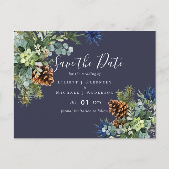Winter Blue Thistle Eucalyptus Wedding Wonderland Postkarte (Vorderseite)