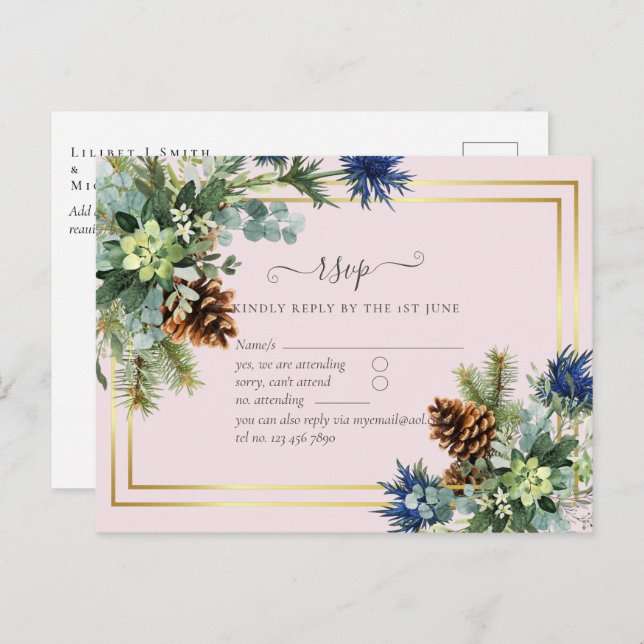 Winter Blue Thistle Eucalyptus Wedding Wonderland Postkarte (Vorne/Hinten)