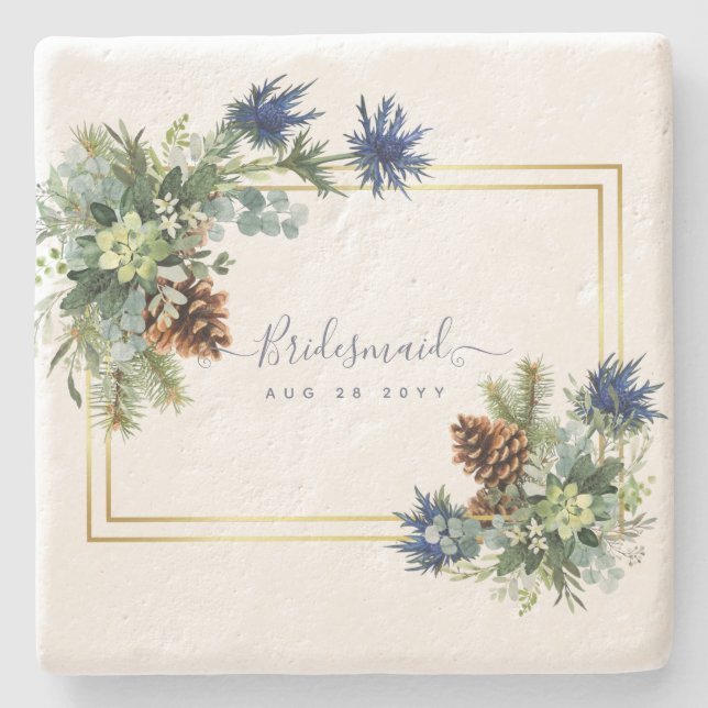 Winter Blue Thistle Eucalyptus Wedding Wonderland Steinuntersetzer (Vorderseite)