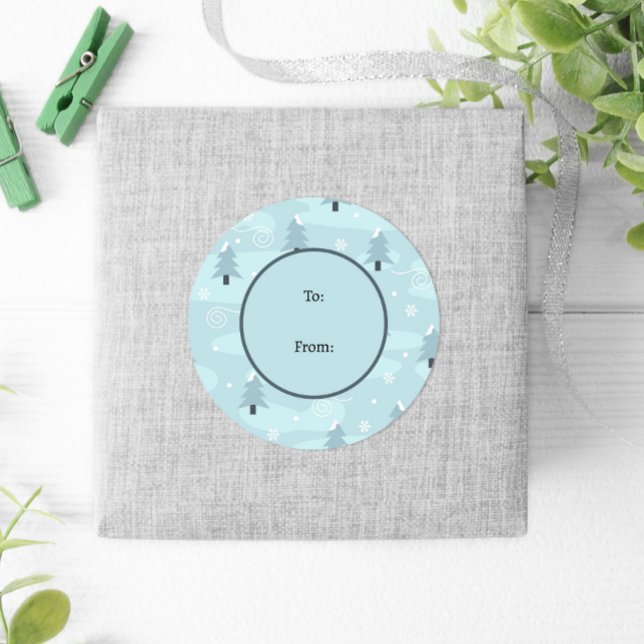 Winter Blue Trees Snow Pastel Weihnachten Runder Aufkleber (Von Creator hochgeladen)