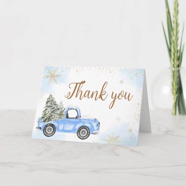 Winter Blue Truck Baby Dusche Dankeskarte (Vorderseite)