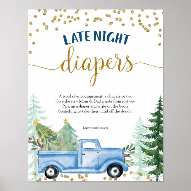 Winter Blue Truck Baby Dusche Spate Night Diapers Poster (Vorne)