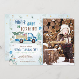 Winter Blue Truck Snow Fun Boy Erster Geburtstag Einladung