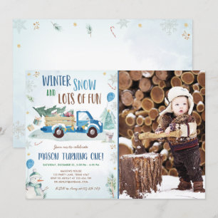 Winter Blue Truck Snow Fun Boy Erster Geburtstag Einladung