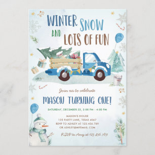 Winter Blue Truck Snow Fun Boy Erster Geburtstag Einladung