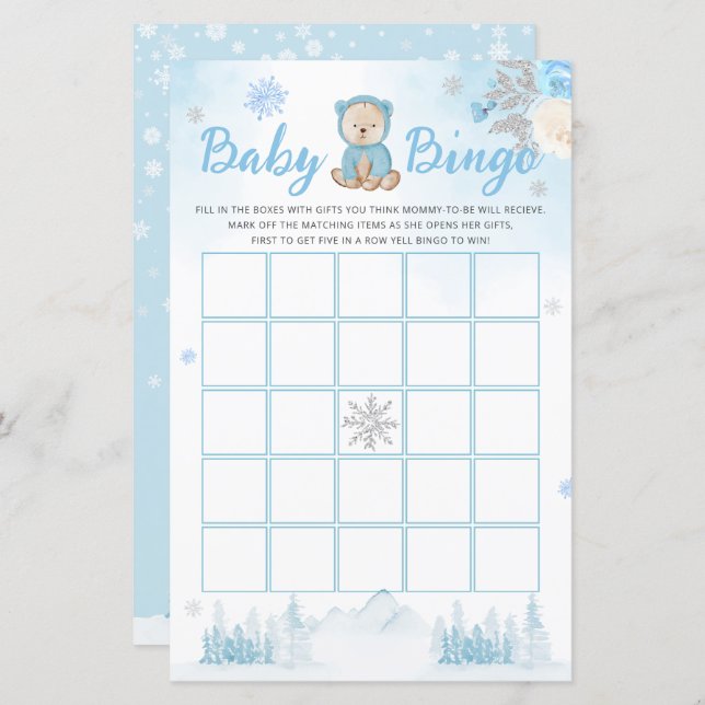 Winter Blue Watercolor Baby Bingo Baby Showspiel (Vorne/Hinten)