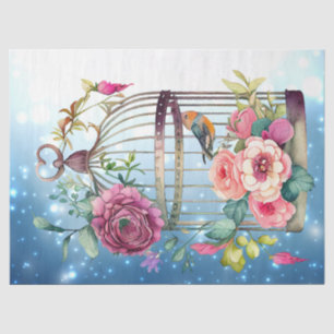 Winter Blue Watercolor Floral Bird Käfig Decoupage Seidenpapier
