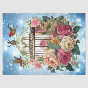 Winter Blue Watercolor Floral Bird Käfig Decoupage Seidenpapier