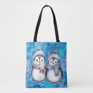 Winter Blue Watercolor Pinguine Scarves Hats