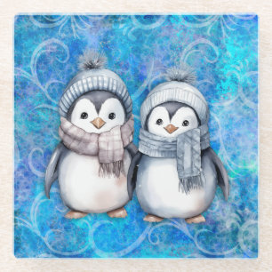 Winter Blue Watercolor Pinguine Scarves Hats Glasuntersetzer