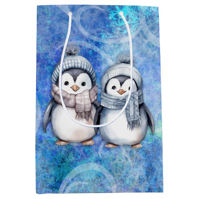 Winter Blue Watercolor Pinguine Scarves Hats Mittlere Geschenktüte (Vorderseite)