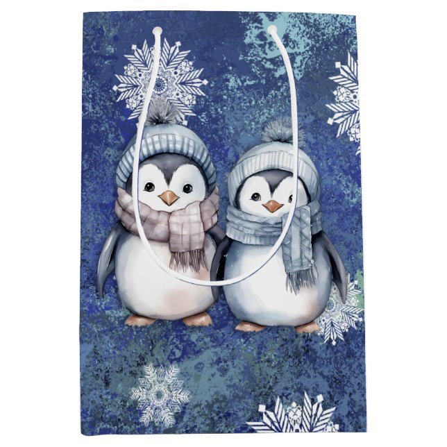 Winter Blue Watercolor Pinguine Scarves Hats Mittlere Geschenktüte (Vorderseite)
