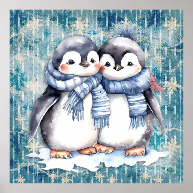 Winter Blue Watercolor Pinguine Scarves Hats Poster (Vorne)