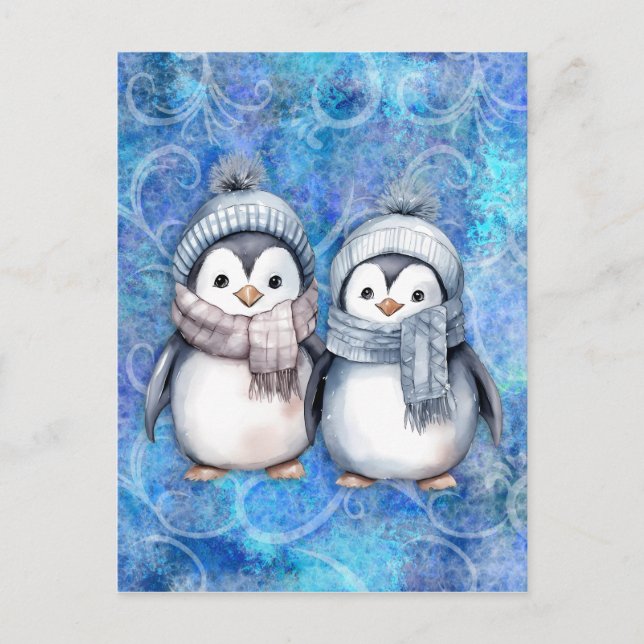 Winter Blue Watercolor Pinguine Scarves Hats Postkarte (Vorderseite)