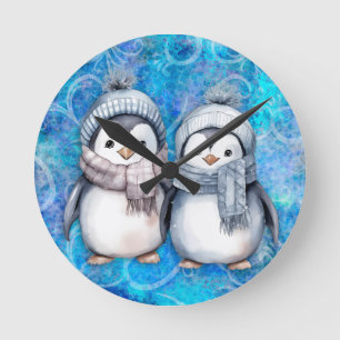 Winter Blue Watercolor Pinguine Scarves Hats Runde Wanduhr