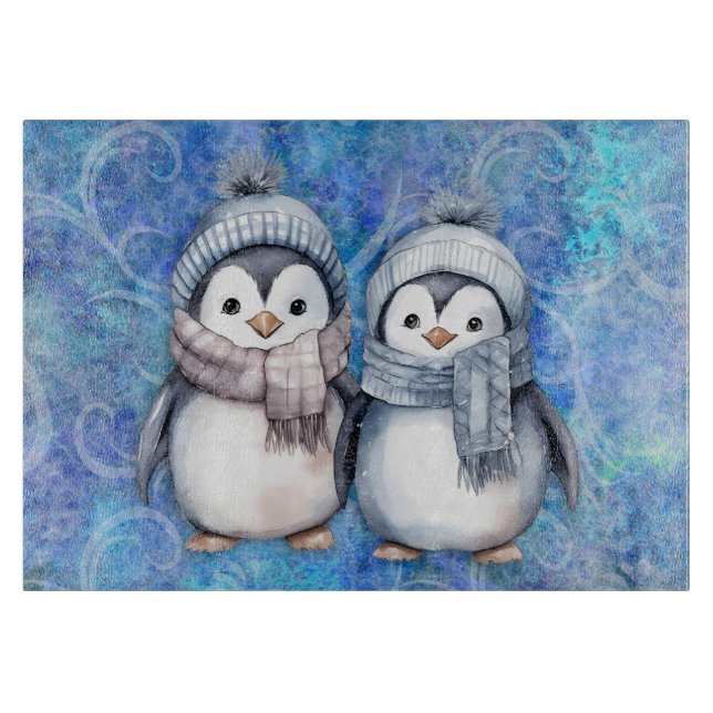 Winter Blue Watercolor Pinguine Scarves Hats Schneidebrett (Vorderseite)
