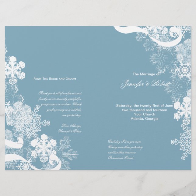Winter Blue White Snowflake Wedding Programm (Vorderseite)