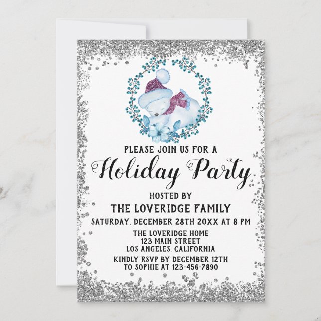 Winter Blue Wreath Weihnachtsfeier Silver Einladung (Vorderseite)