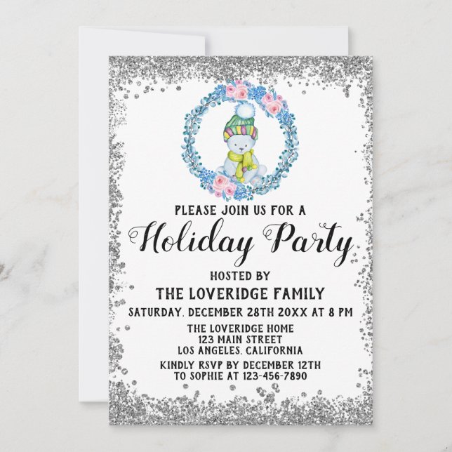 Winter Blue Wreath Weihnachtsfeier Silver Einladung (Vorderseite)