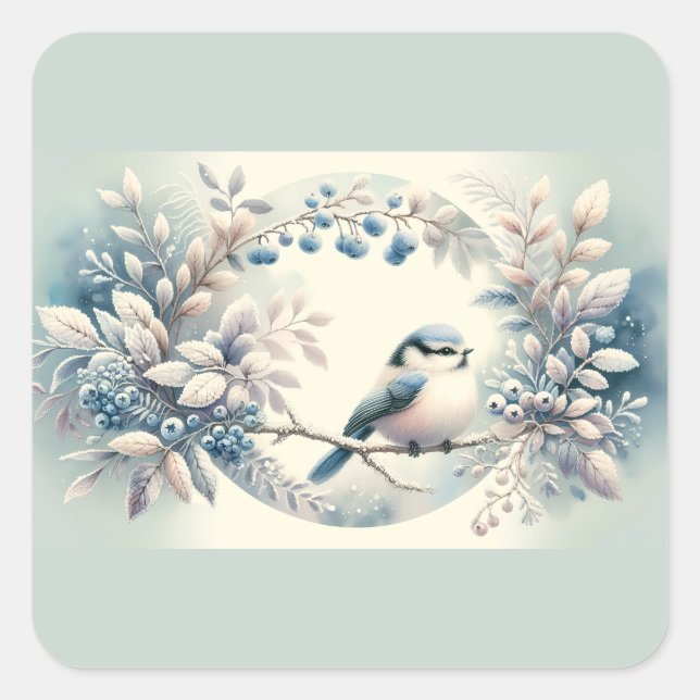 Winter Bluebird Berry Wreath Quadratischer Aufkleber (Vorderseite)