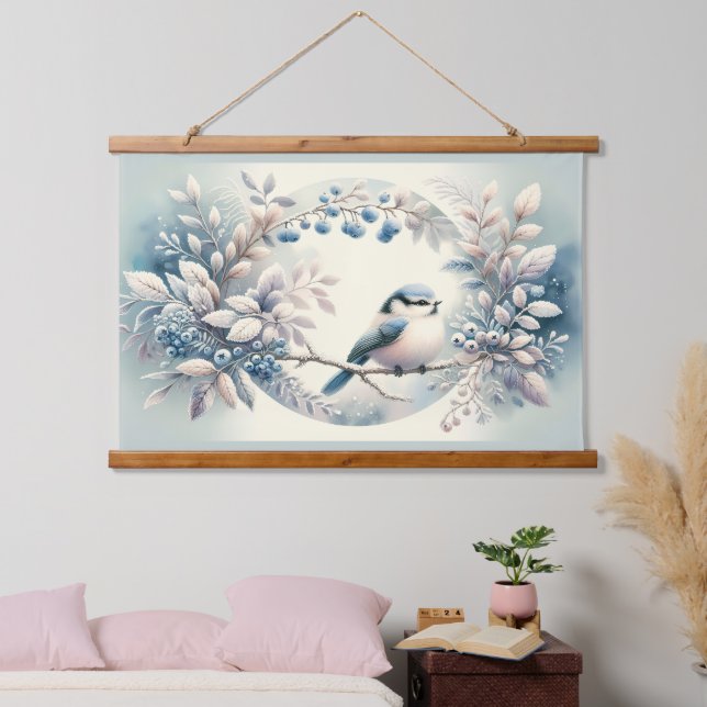 Winter Bluebird Berry Wreath Wandteppich Mit Holzrahmen (Schlafzimmer)
