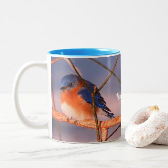 Winter Bluebird Tier Personalisiert Zweifarbige Tasse (Mit Donut)