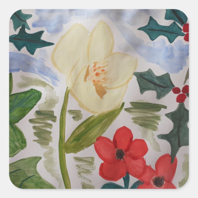Winter Blume & Holly Quadratischer Aufkleber (Vorderseite)