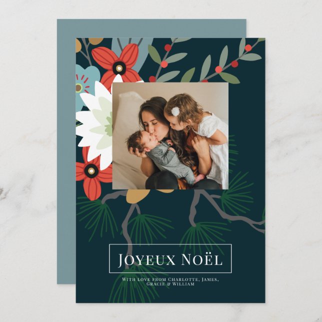 Winter Blume Joyeux Noël Elegante Weihnachtskarte Einladung (Vorne/Hinten)