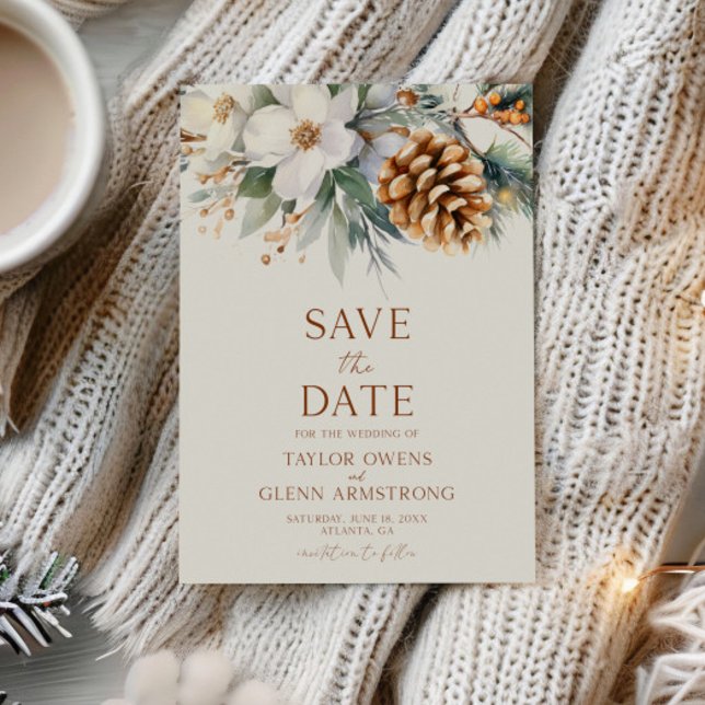Winter Blume Pine Tree Cone Hochzeit Save The Date (Von Creator hochgeladen)