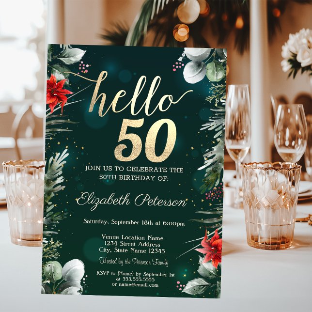Winter Blume Poinsettia Green 50. Geburtstag Einladung (Von Creator hochgeladen)
