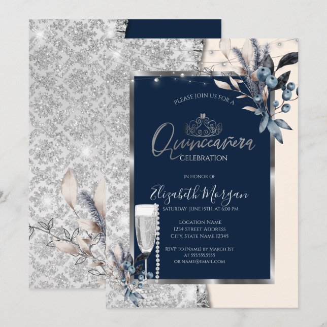 Winter Blume, Prosecco Marine Blue Quinceanera Einladung (Vorne/Hinten)